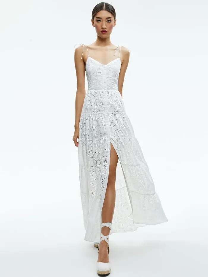 Alice Olivia SHANTELLA TIERED BUTTON FRONT MAXI DRESS Off White Women Dresses