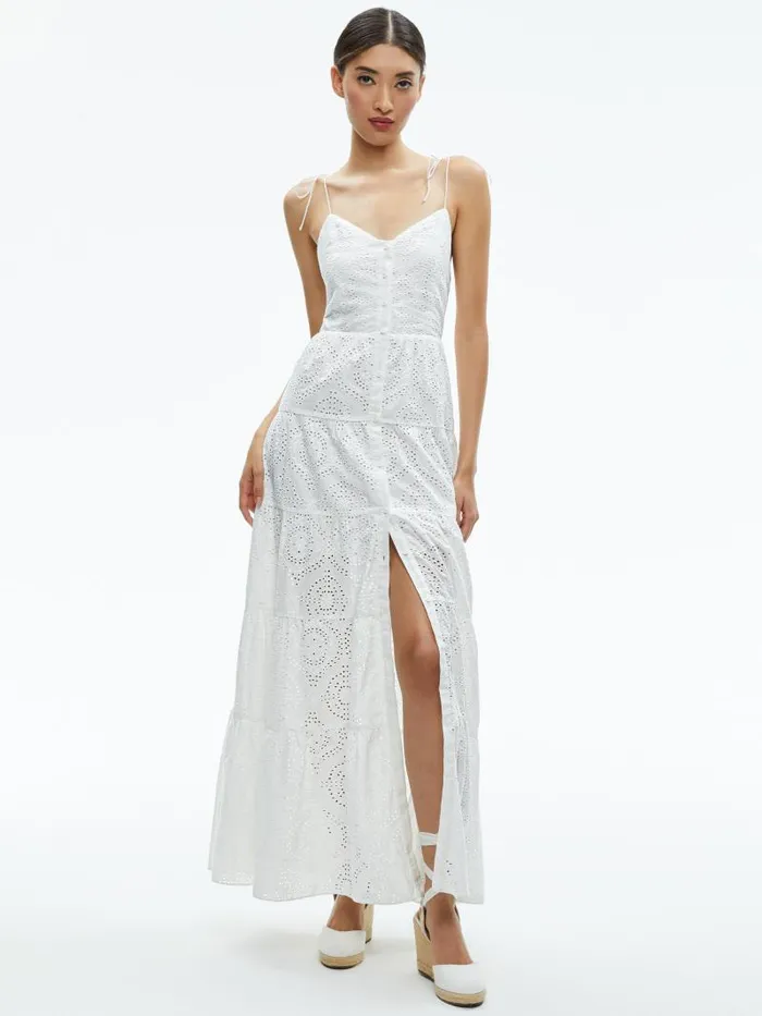 Alice Olivia SHANTELLA TIERED BUTTON FRONT MAXI DRESS Off White Women Dresses