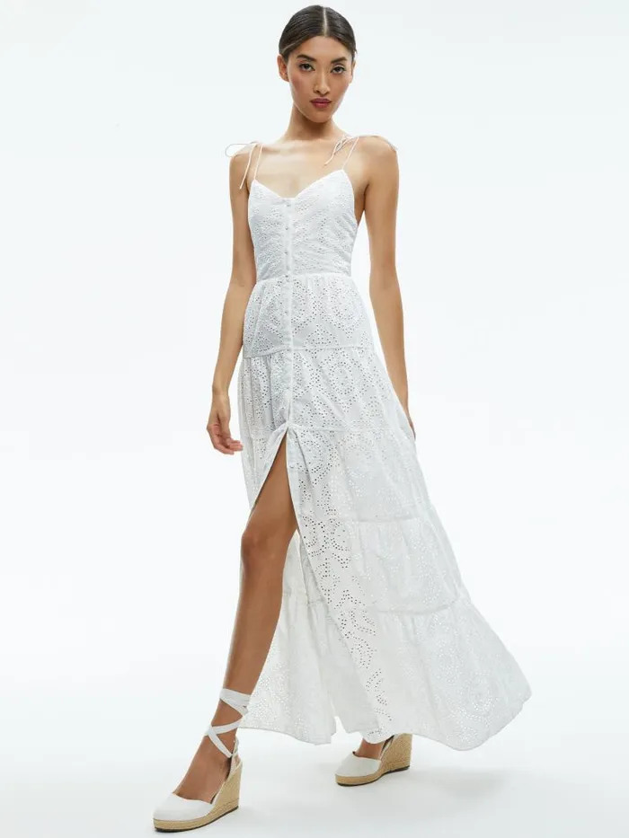 Alice Olivia SHANTELLA TIERED BUTTON FRONT MAXI DRESS Off White Women Dresses
