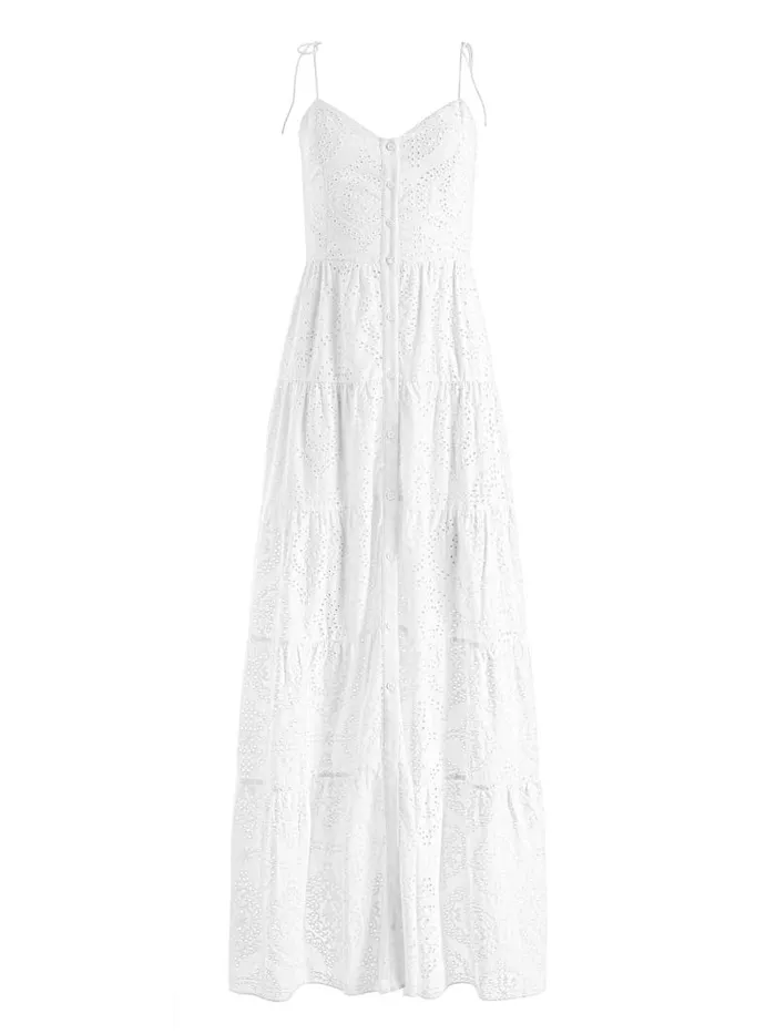 Alice Olivia SHANTELLA TIERED BUTTON FRONT MAXI DRESS Off White Women Dresses