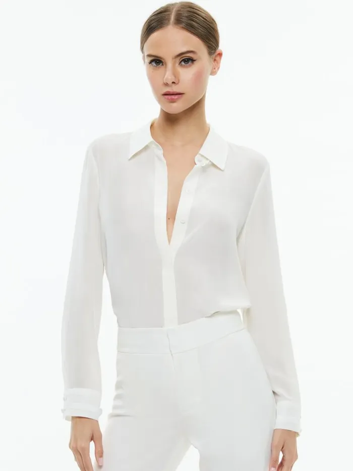 Alice Olivia WILLA RELAXED PLACKET TOP WITH PIPING DETAIL Off White Women Tops