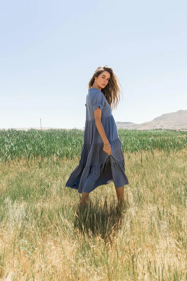 Amanda Tiered Dress In Slate Blue Slate Blue Women Bohme Dresses