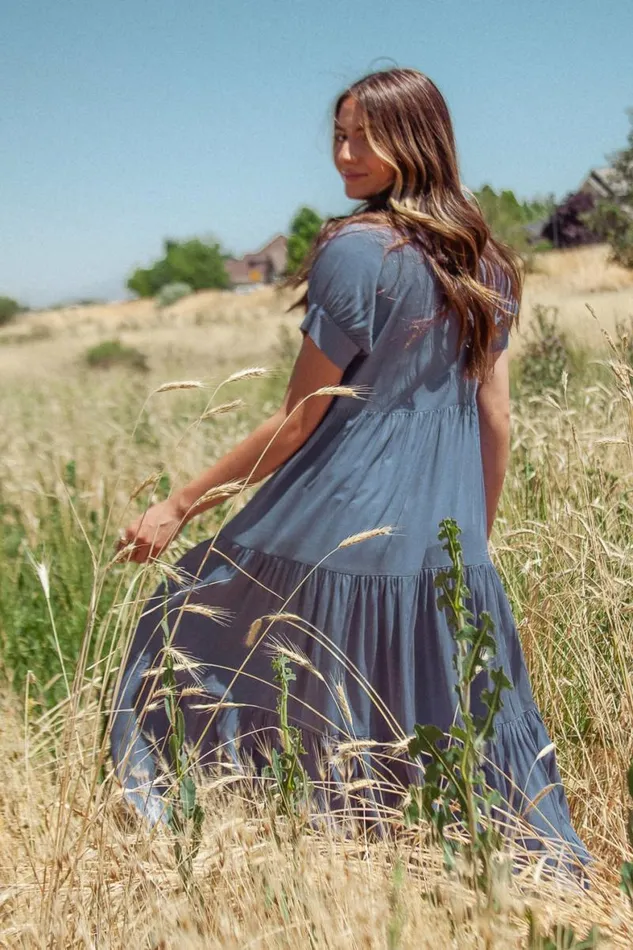 Amanda Tiered Dress In Slate Blue Slate Blue Women Bohme Dresses