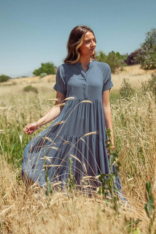 Amanda Tiered Dress In Slate Blue Slate Blue Women Bohme Dresses