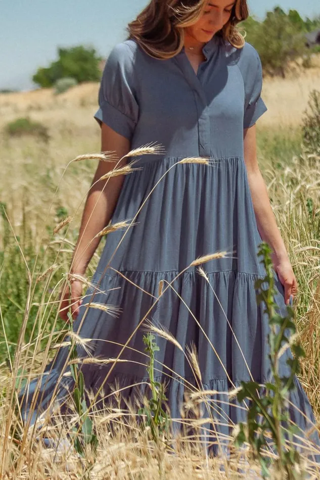 Amanda Tiered Dress In Slate Blue Slate Blue Women Bohme Dresses