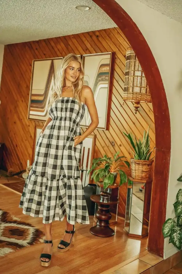 Anastasia Plaid Midi Dress Black Women Bohme Dresses