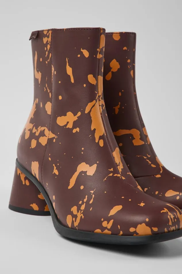 Ankle Boots Women Camper Kiara Burgundy And Orange Printed Leather Ankle Boots