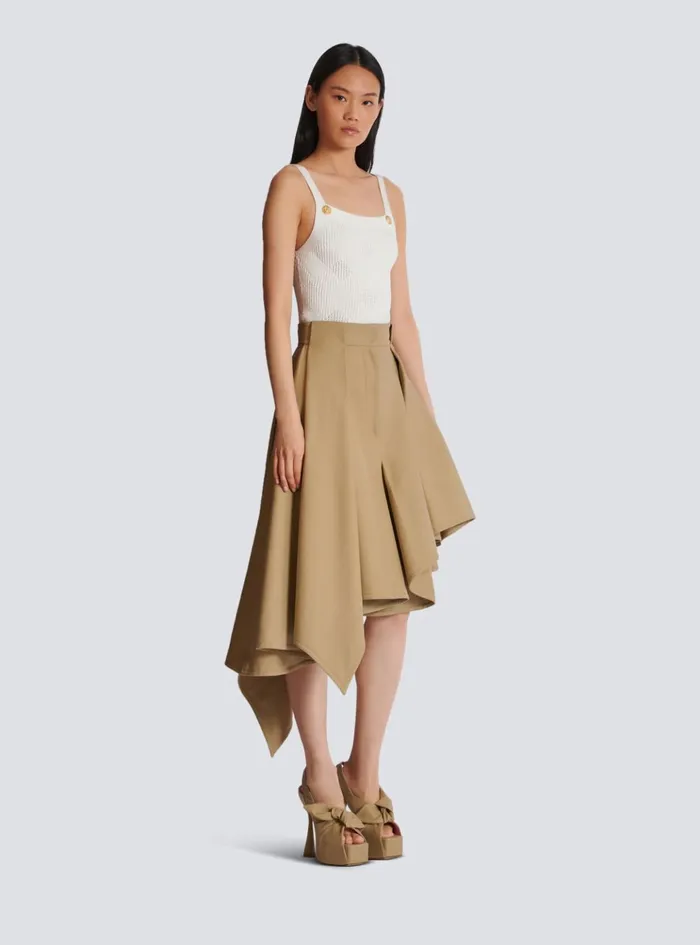 Asymmetric Pleated Cotton Skirt Beige Women Balmain Skirts
