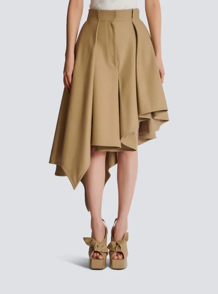 Asymmetric Pleated Cotton Skirt Beige Women Balmain Skirts