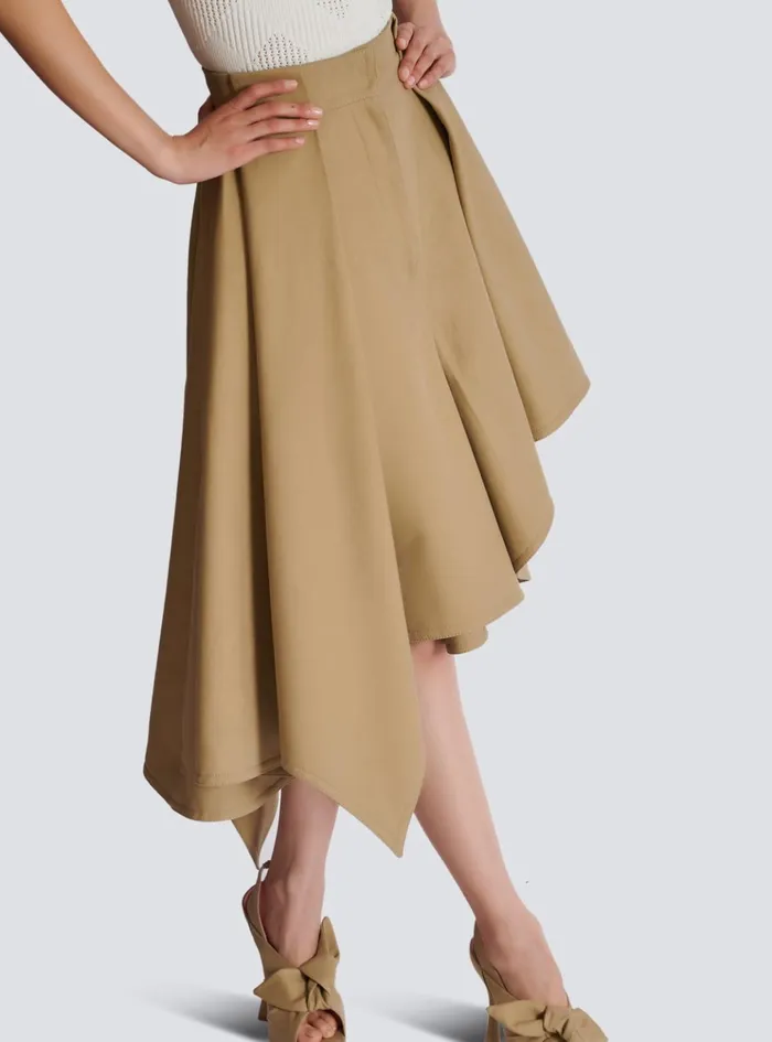 Asymmetric Pleated Cotton Skirt Beige Women Balmain Skirts