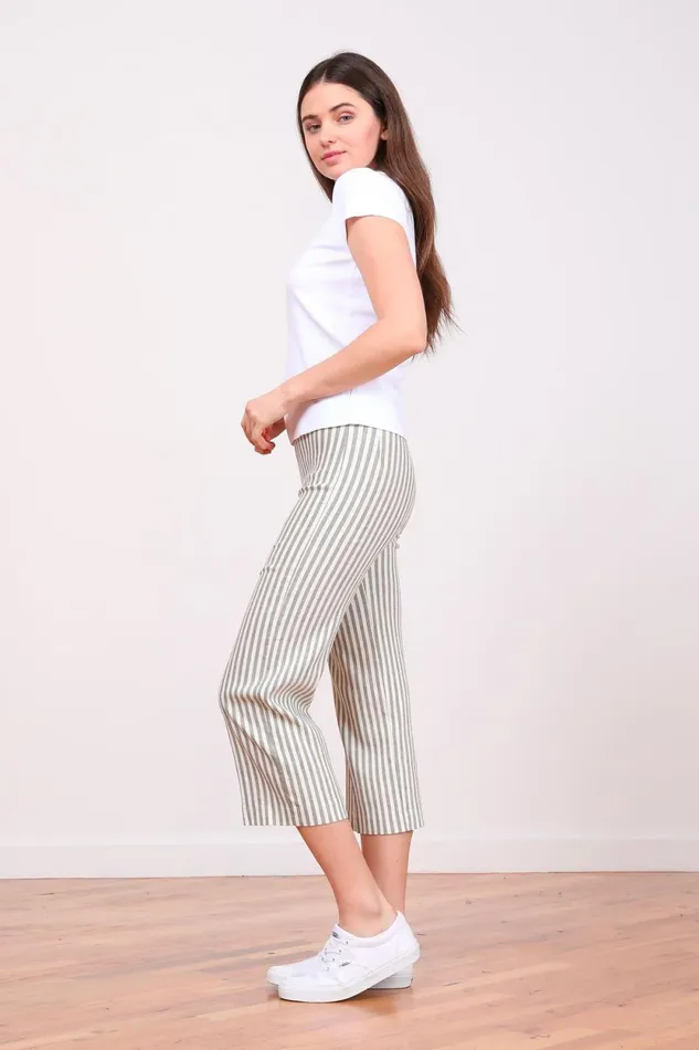 Avenue Montaigne ALEX Linen Stripes Bengal Olive Women Pants