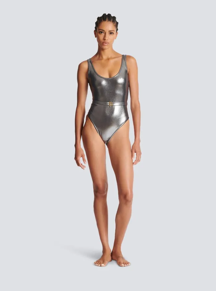 B Metallic Swimsuit Silver Women Balmain Swimwear