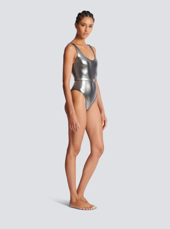 B Metallic Swimsuit Silver Women Balmain Swimwear