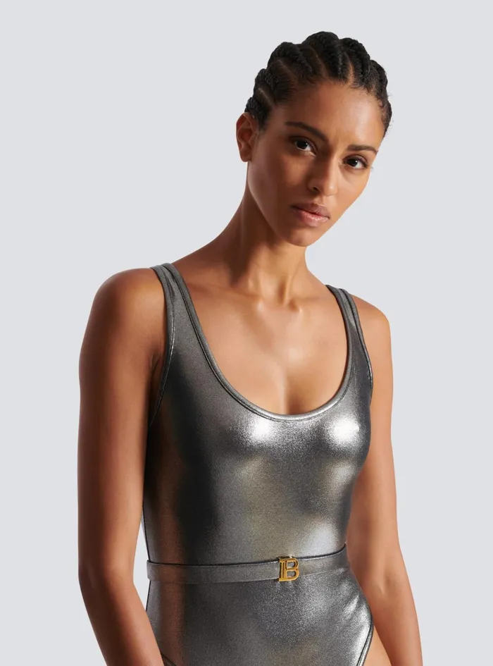 B Metallic Swimsuit Silver Women Balmain Swimwear