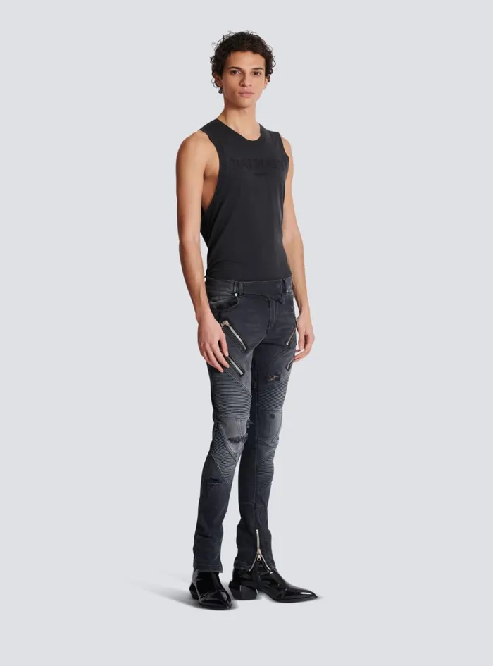 Biker Jeans In Faded Denim Black Men Balmain Denim