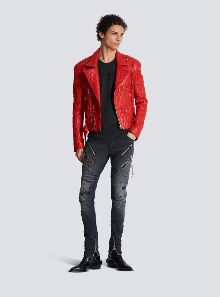 Biker Jeans In Faded Denim Black Men Balmain Denim