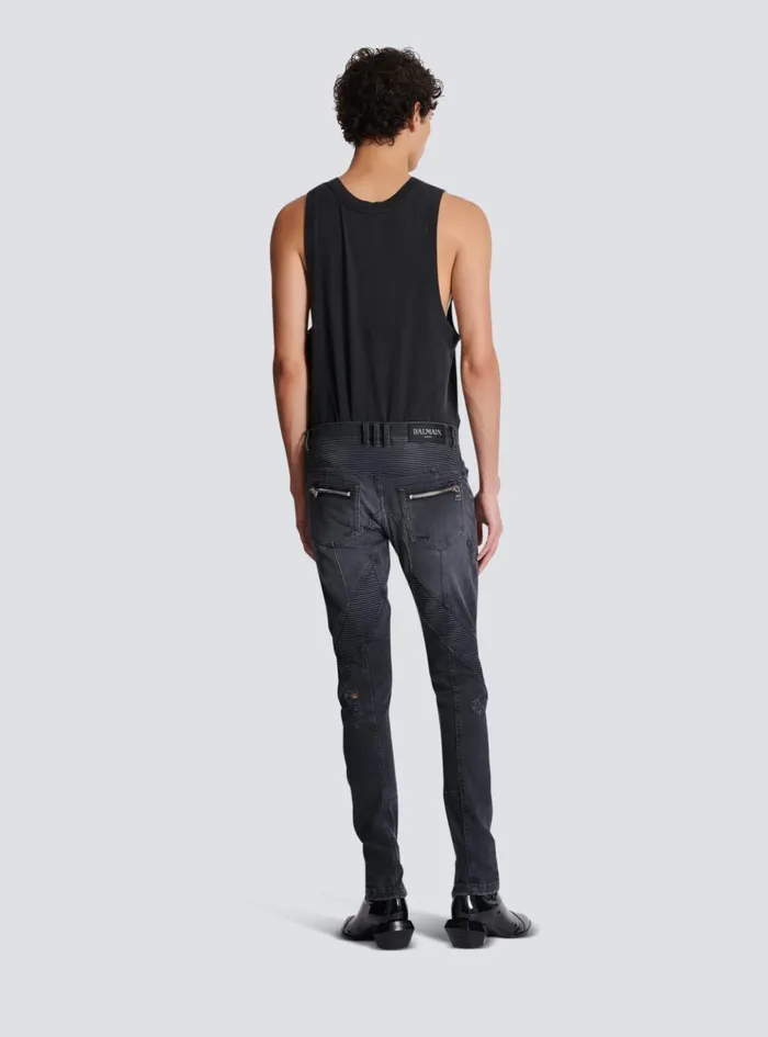 Biker Jeans In Faded Denim Black Men Balmain Denim