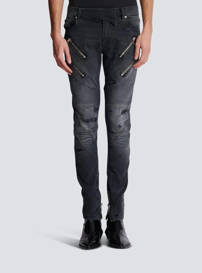 Biker Jeans In Faded Denim Black Men Balmain Denim