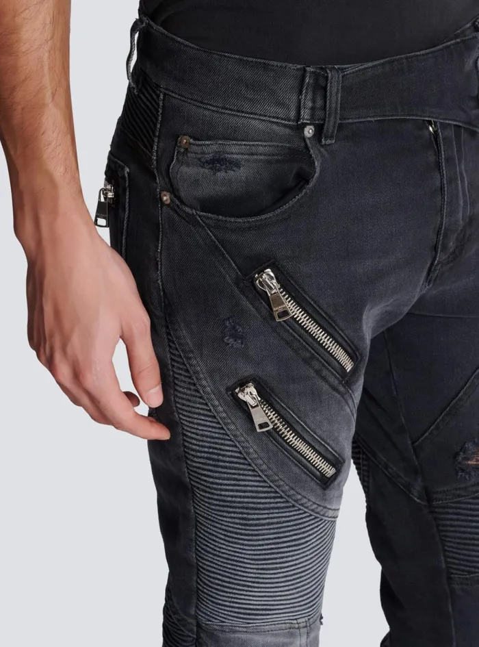 Biker Jeans In Faded Denim Black Men Balmain Denim