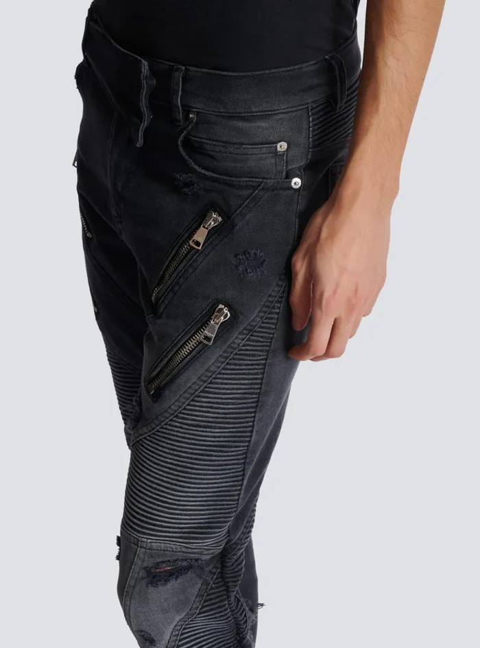 Biker Jeans In Faded Denim Black Men Balmain Denim