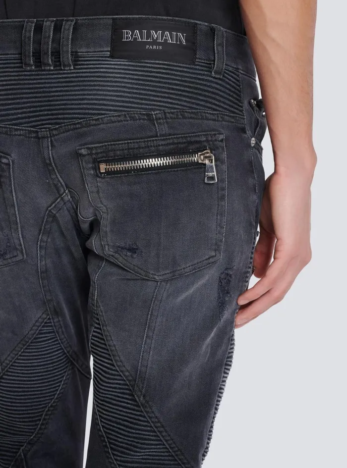 Biker Jeans In Faded Denim Black Men Balmain Denim