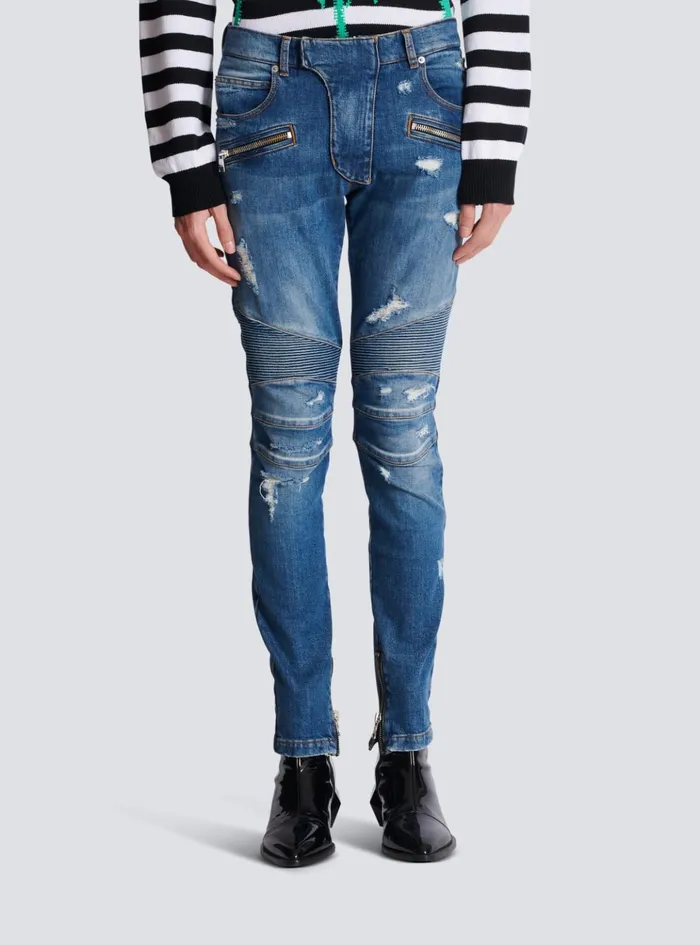Biker Jeans In Faded Denim Blue Men Balmain Denim