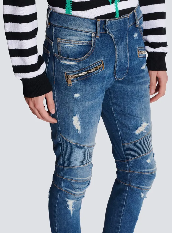 Biker Jeans In Faded Denim Blue Men Balmain Denim