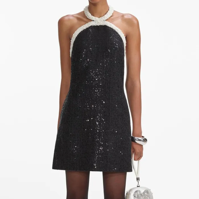 Black Boucle Pearl Trim Mini Dress Women Self Portrait Dresses