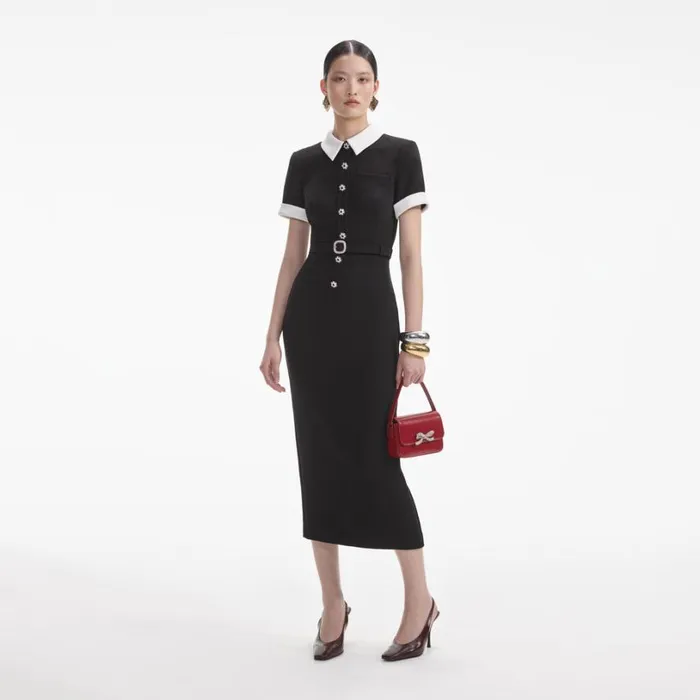 Black Crepe Contrast Midi Dress Women Self Portrait Dresses