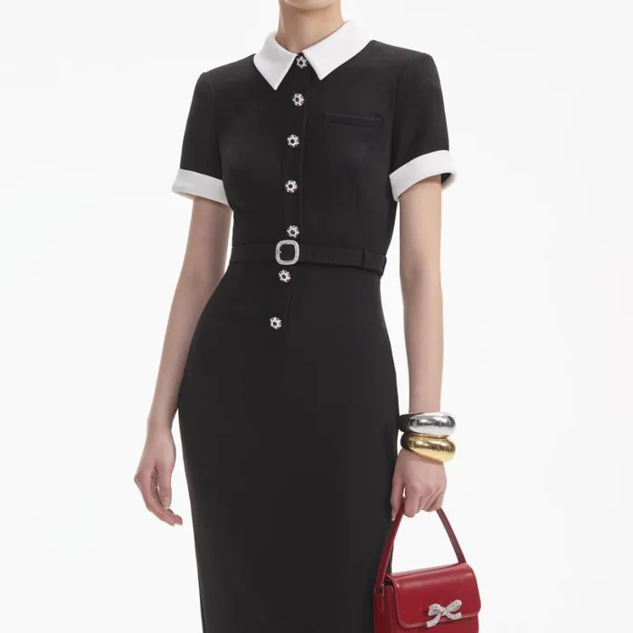 Black Crepe Contrast Midi Dress Women Self Portrait Dresses Black Crepe Contrast Midi Dress Women Self Portrait Dresses