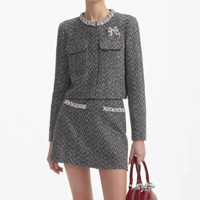 Black Herringbone Embellished Jacket Women Self Portrait Outerwear Black Herringbone Embellished Jacket Women Self Portrait Outerwear