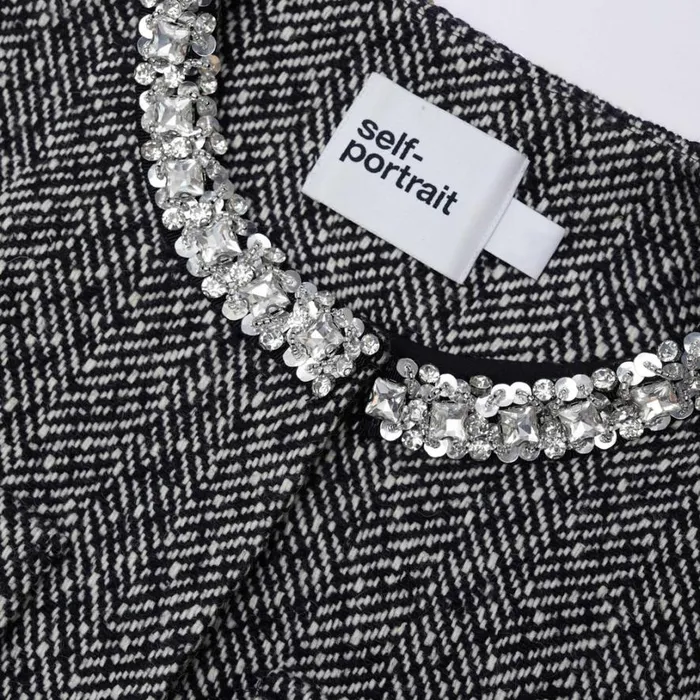 Black Herringbone Embellished Jacket Women Self Portrait Outerwear Black Herringbone Embellished Jacket Women Self Portrait Outerwear