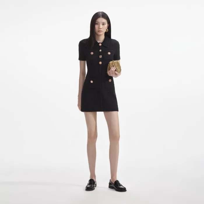 Black Jewel Button Knit Mini Dress Women Self Portrait Dresses