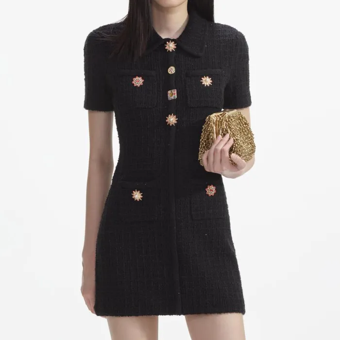Black Jewel Button Knit Mini Dress Women Self Portrait Dresses Black Jewel Button Knit Mini Dress Women Self Portrait Dresses