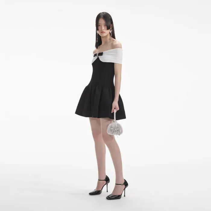 Black Knit Bow Mini Dress Women Self Portrait Dresses Black Knit Bow Mini Dress Women Self Portrait Dresses