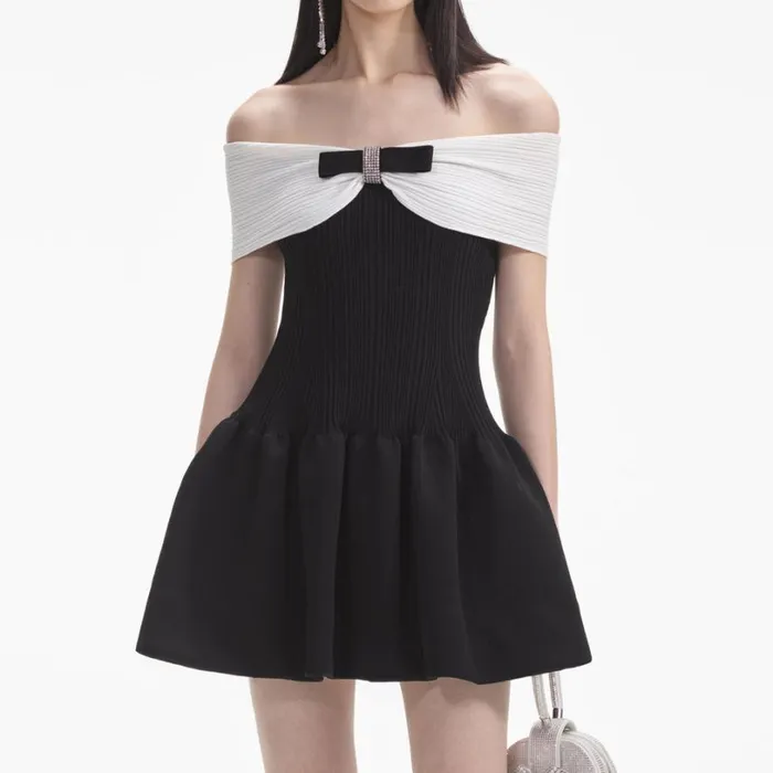 Black Knit Bow Mini Dress Women Self Portrait Dresses Black Knit Bow Mini Dress Women Self Portrait Dresses