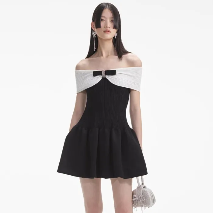 Black Knit Bow Mini Dress Women Self Portrait Dresses Black Knit Bow Mini Dress Women Self Portrait Dresses