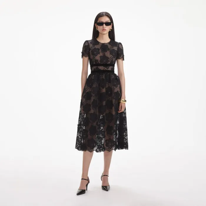 Black Lace Velvet Bow Midi Dress Women Self Portrait Dresses
