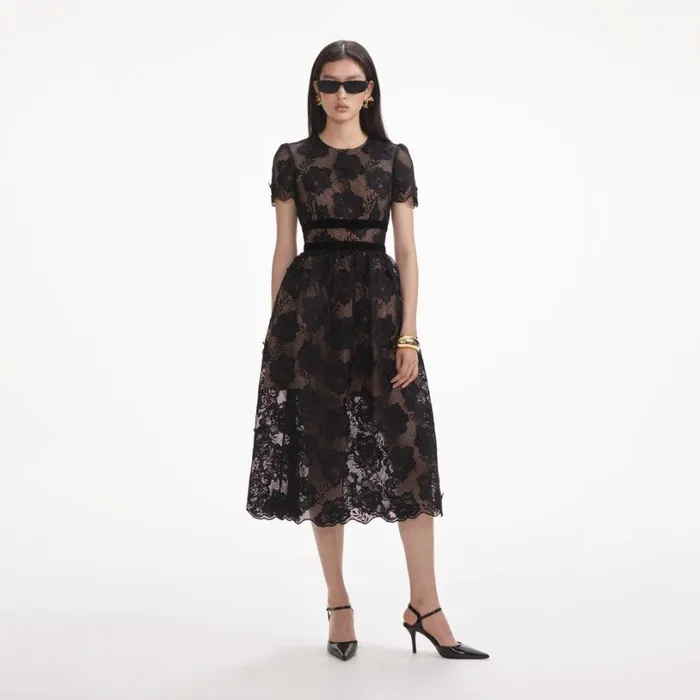 Black Lace Velvet Bow Midi Dress Women Self Portrait Dresses