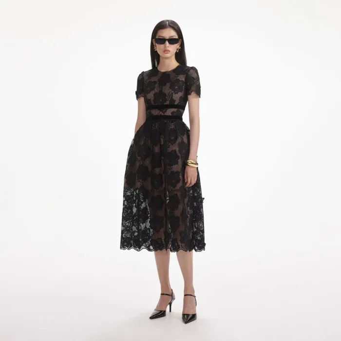 Black Lace Velvet Bow Midi Dress Women Self Portrait Dresses