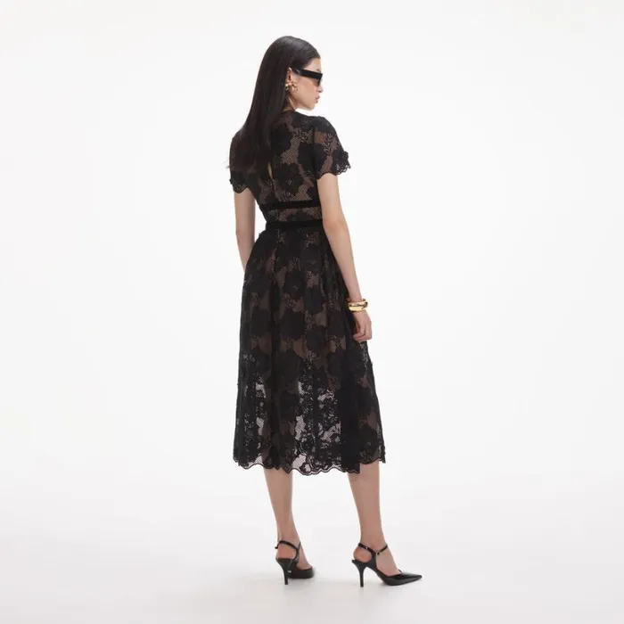Black Lace Velvet Bow Midi Dress Women Self Portrait Dresses