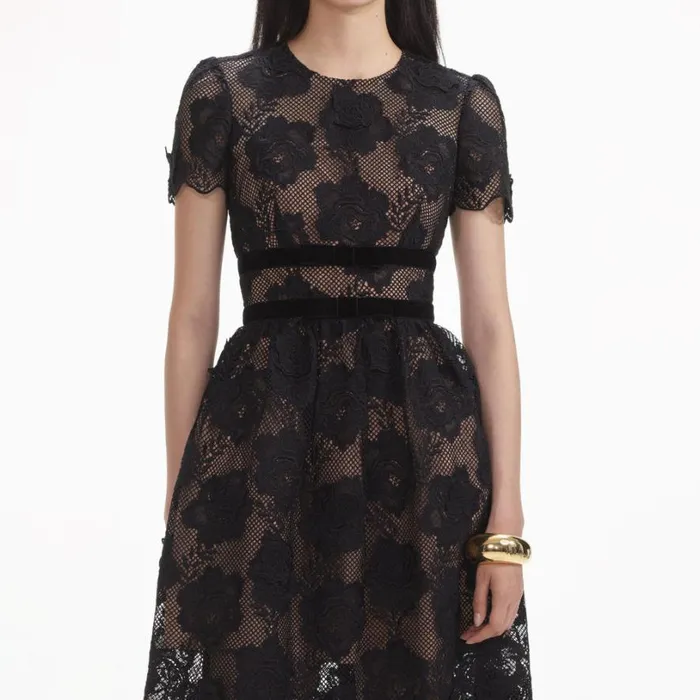 Black Lace Velvet Bow Midi Dress Women Self Portrait Dresses