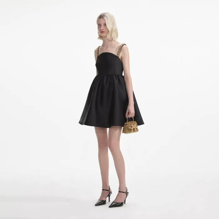 Black Taffeta Embellished Mini Dress Women Self Portrait Dresses Black Taffeta Embellished Mini Dress Women Self Portrait Dresses