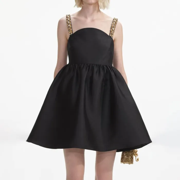 Black Taffeta Embellished Mini Dress Women Self Portrait Dresses Black Taffeta Embellished Mini Dress Women Self Portrait Dresses