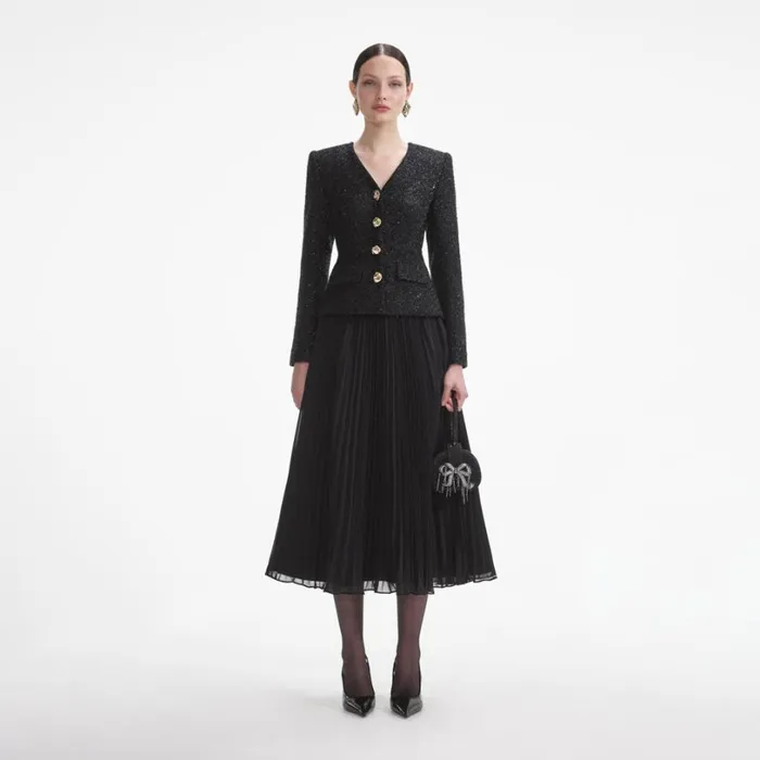 Black Tinsel Boucle Chiffon Midi Dress Women Self Portrait Dresses