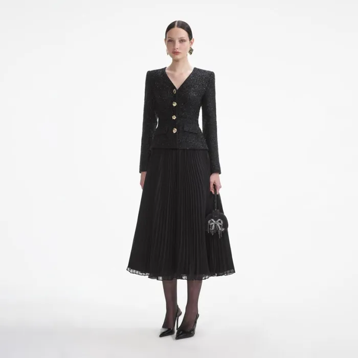 Black Tinsel Boucle Chiffon Midi Dress Women Self Portrait Dresses