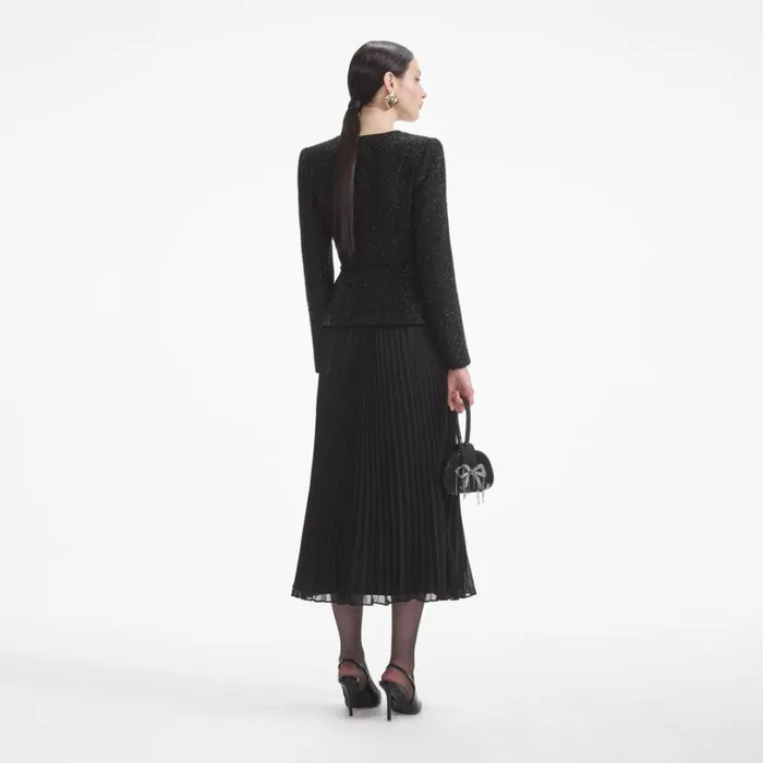 Black Tinsel Boucle Chiffon Midi Dress Women Self Portrait Dresses