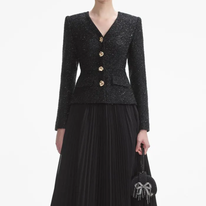 Black Tinsel Boucle Chiffon Midi Dress Women Self Portrait Dresses