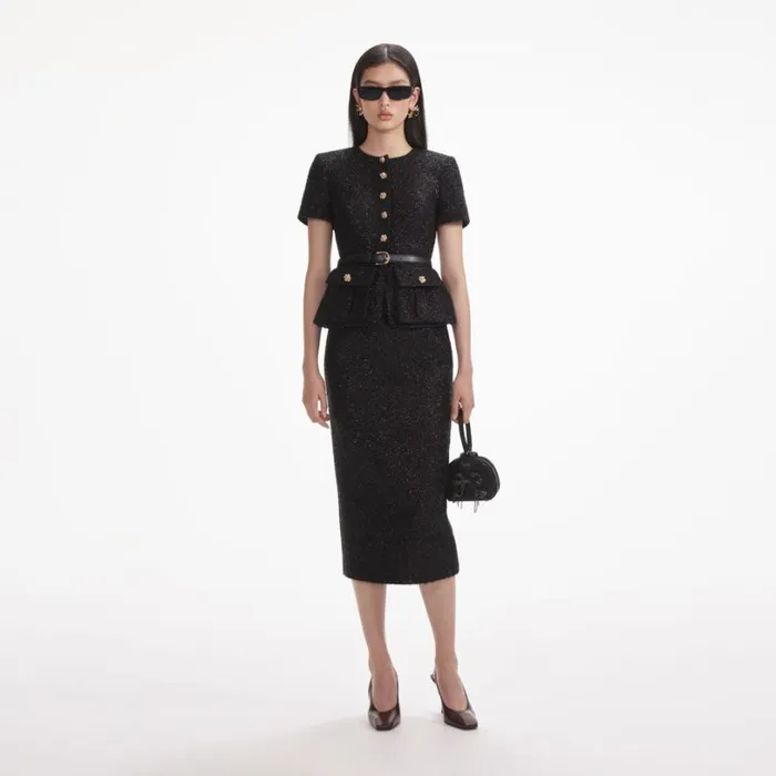 Black Tinsel Boucle Tailored Midi Dress Women Self Portrait Dresses