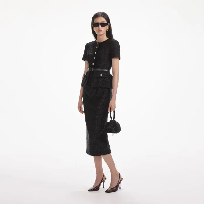 Black Tinsel Boucle Tailored Midi Dress Women Self Portrait Dresses